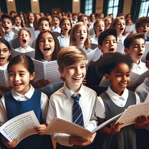 Foto coro de escolares cantando juntos