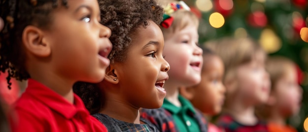 En un coro, los niños cantan alegres canciones navideñas juntos.