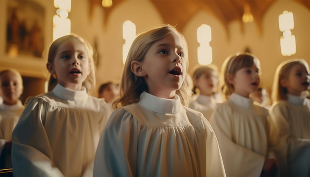 coro de niños cantando en la iglesia con ropa tradicional de coro Niños cantando en la iglesia católica