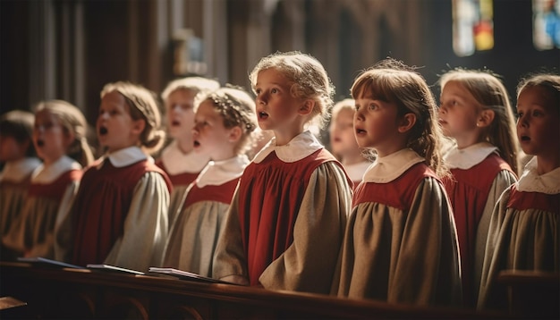 coro de niños cantando en la iglesia con ropa tradicional de coro Niños cantando en la iglesia católica