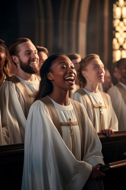 Un coro vestido con túnicas cantando himnos de Pascua