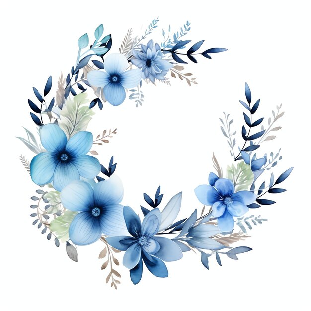 Foto coroa circular de flores azuis empoeiradas e folhagem verde macia flores e folhas de aquarela para e