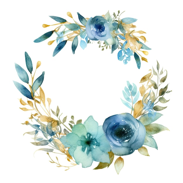 Coroa de aquarela de flores azuis e folhas de ouro em um fundo branco
