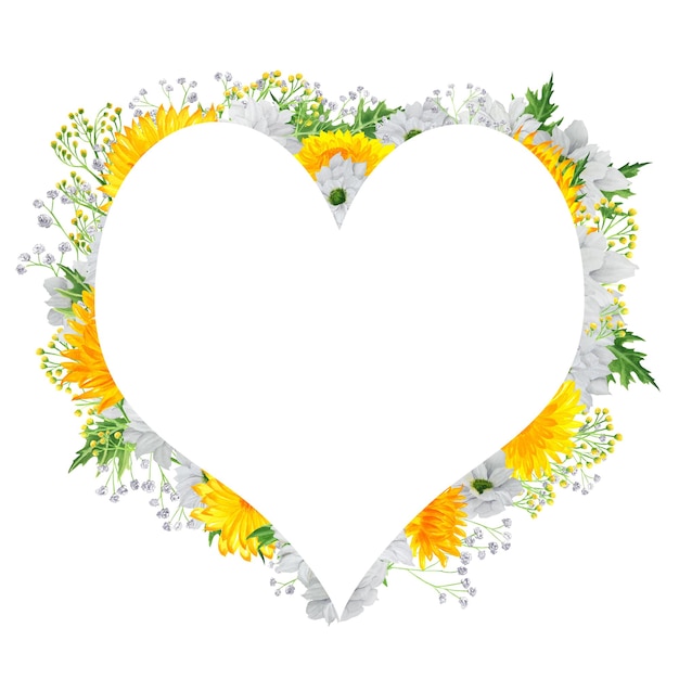 Coroa de aquarela desenhada à mão em forma de coração com crisântemo branco e amarelo com gypsophila colorida