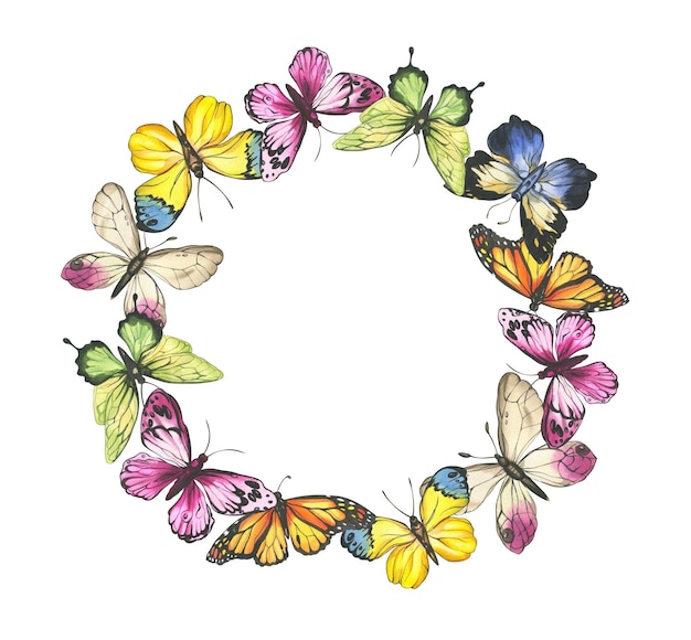 Foto coroa de borboletas e ilustração em aquarela de quadro de insetos borboletas multicoloridas para design de convite e cartão postal