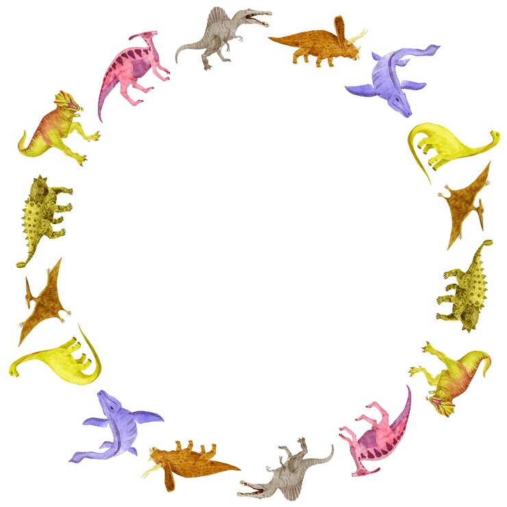Coroa de dinossauros em branco. Moldura redonda aquarela