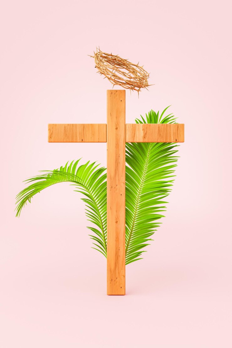 Coroa de espinhos acima da cruz e folhas verdes