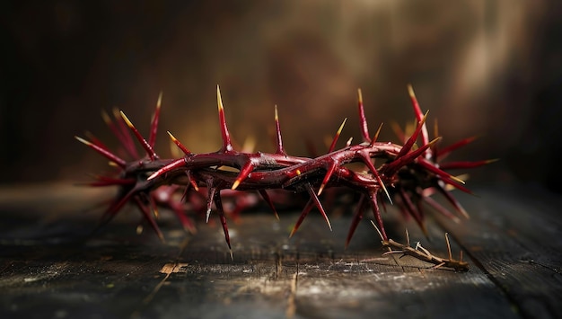 Foto coroa de espinhos vermelha em fundo de madeira símbolo de jesus cristo