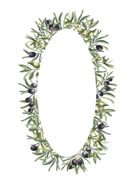 Coroa de flores botânica Aquarela Moldura oval floral com ramos de oliveira Fronteira de ramos de bagas de oliveira