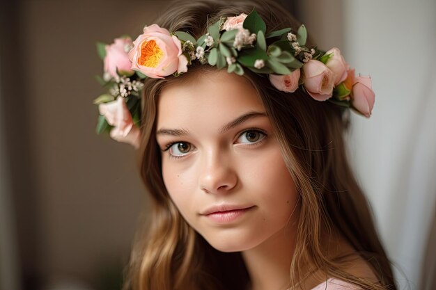 Coroa de flores com flores delicadas no topo da cabeça das meninas emoldurando seu rosto e cabelo