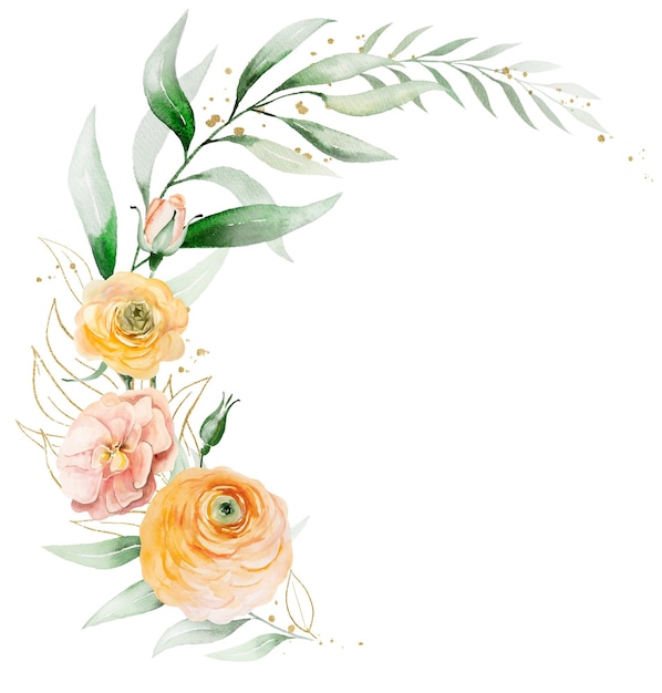 Coroa de flores com flores em aquarela laranja e amarelas e ilustração de casamento isolada de folhas verdes