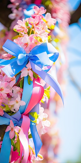 Coroa de flores de fitas coloridas na árvore no jardim da primavera, símbolo de Beltane e tradições pagãs