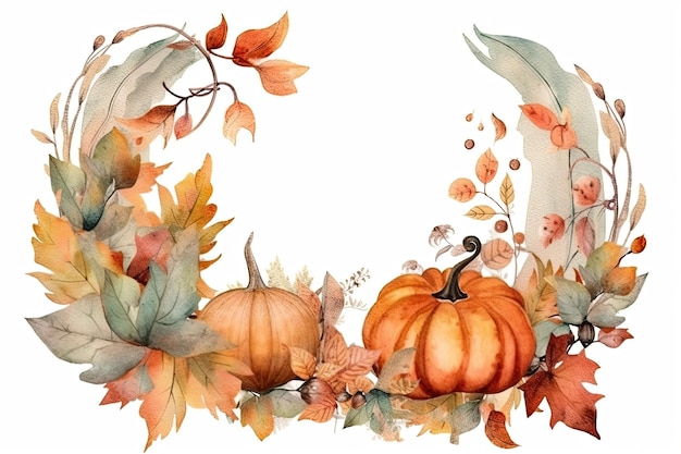 Coroa de flores de outono com abóboras e folhas em aquarela Generative AI