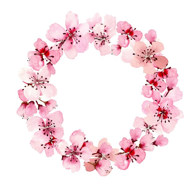 Coroa de flores de sakura em aquarela Ilustração pintada à mão de flor de cerejeira de primavera