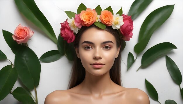 Coroa de flores e mulher em estúdio para cuidados com a pele beleza e relaxamento zen e cosméticos na selva pele rosa