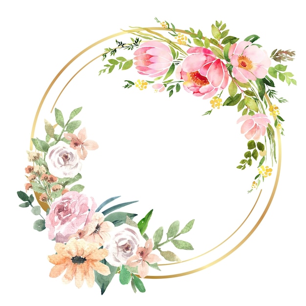 Coroa de flores em aquarela com círculo dourado