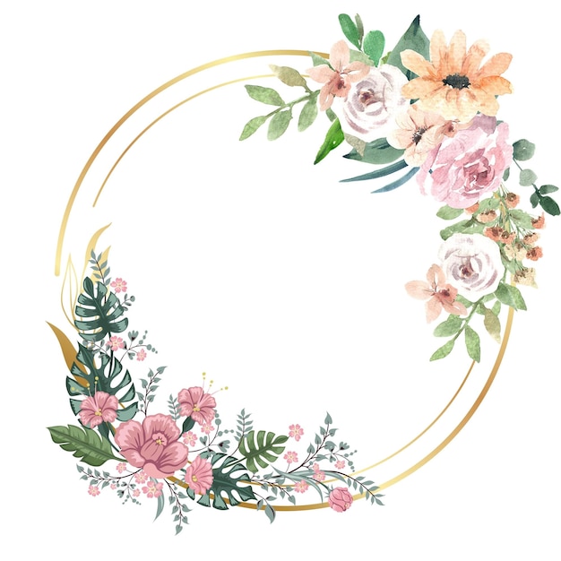 Coroa de flores em aquarela com círculo dourado