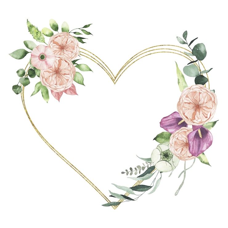 Foto coroa de flores em aquarela para o dia dos namorados com coração geométrico dourado floral com lírio de calla rose verdura