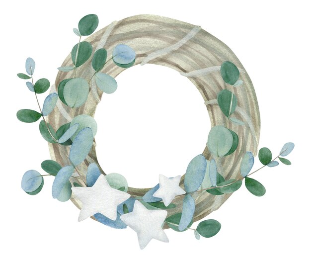 Coroa de inverno em aquarela com folhas de eucalipto desenhadas à mão