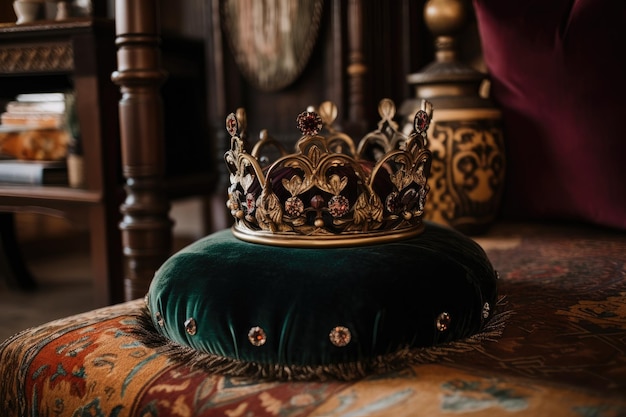 Coroa de joias em travesseiro de veludo em cenário de inspiração medieval criado com IA generativa