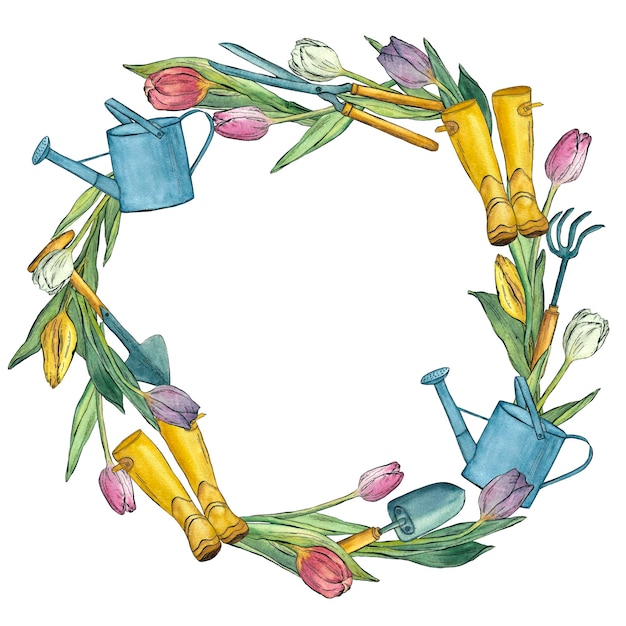 Coroa de kit de ferramentas de jardim regando botas de borracha e tulipas Ilustração de aquarela Conjunto de primavera