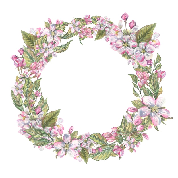 Coroa de moldura de ilustração em aquarela de árvores frutíferas floridas e ferramentas de jardim Um conjunto floral fresco e bonito para a primavera Para decoração de design e cartões postais