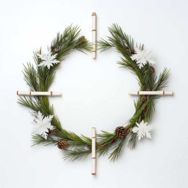 Foto coroa de natal adornada com esquis de madeira em miniatura e galhos de pinheiro cobertos de neve