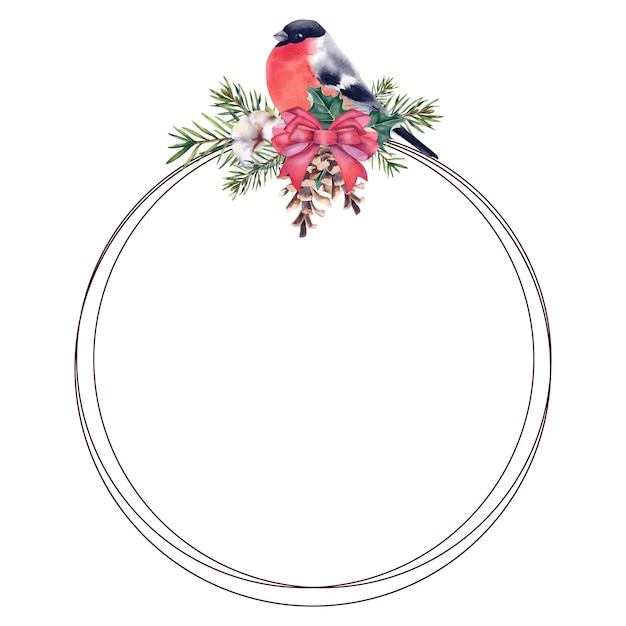 Foto coroa de natal com algodão de arco vermelho e bullfinch mistletoe e ramos de abeto ilustração de aquarela em um fundo branco ano novo e natal