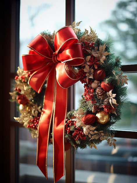 Coroa de Natal com bolas vermelhas e douradas