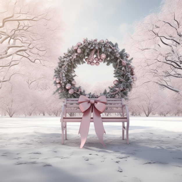Coroa de Natal com ramos metálicos prateados e delicadas fitas de seda cor-de-rosa