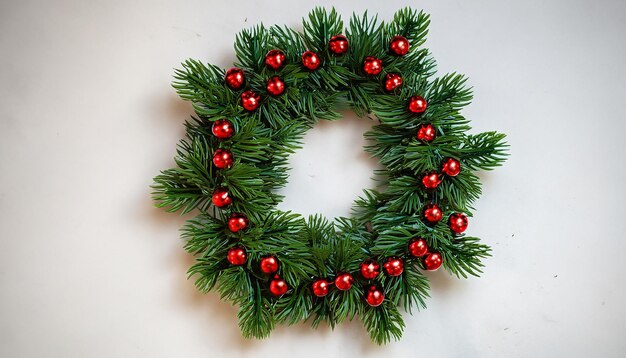 Foto coroa de natal feita de galhos de pinheiro de aparência realista e decorada