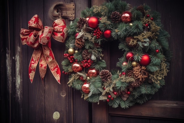 Coroa de Natal lindamente decorada com vegetação exuberante ornamentos vermelhos e dourados