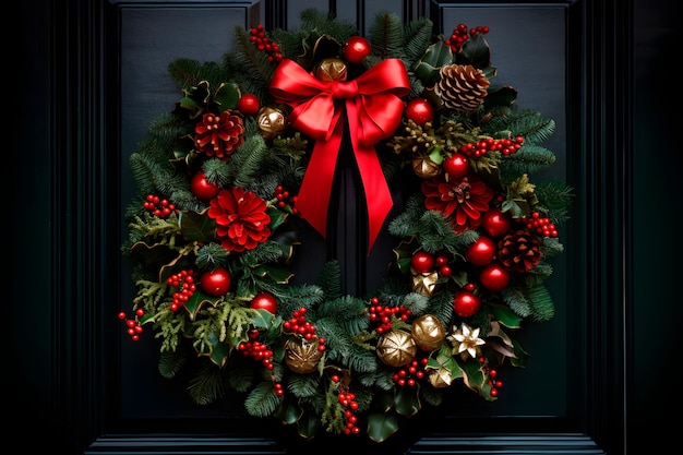 Coroa de Natal na porta da frente espalhando a alegria do Natal com seu charme tradicional