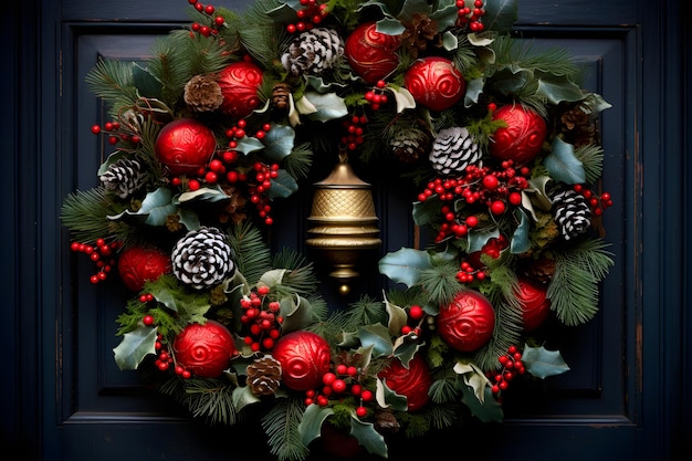 Coroa de Natal na porta da frente lindamente trabalhada com galhos perenes e laços vermelhos