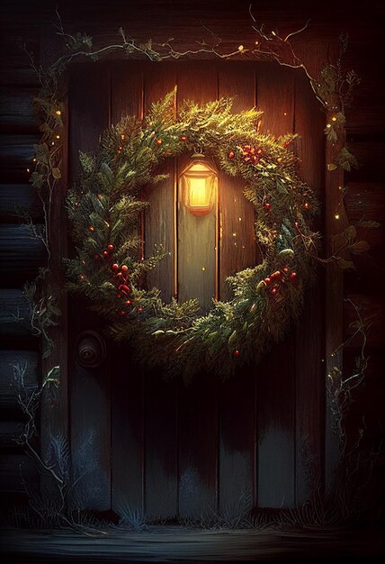 Coroa de Natal na porta iluminada por guirlandas AI Gerado
