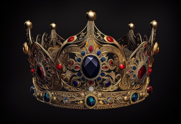Foto coroa de ouro e pedras preciosas em uma ilustração de uniforme escuro ai generative