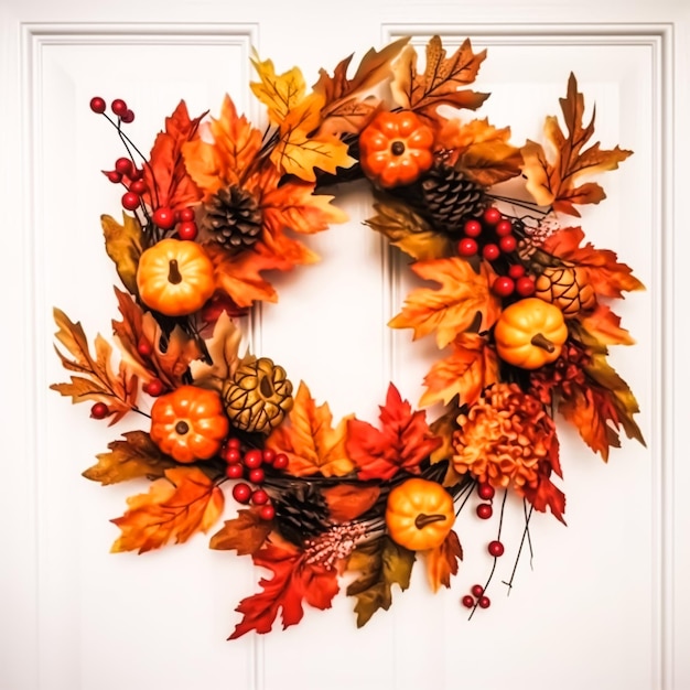 Coroa de outono como decoração na porta branca de boas-vindas à temporada de férias de outono com decorações de outono postprocessado generativo ai