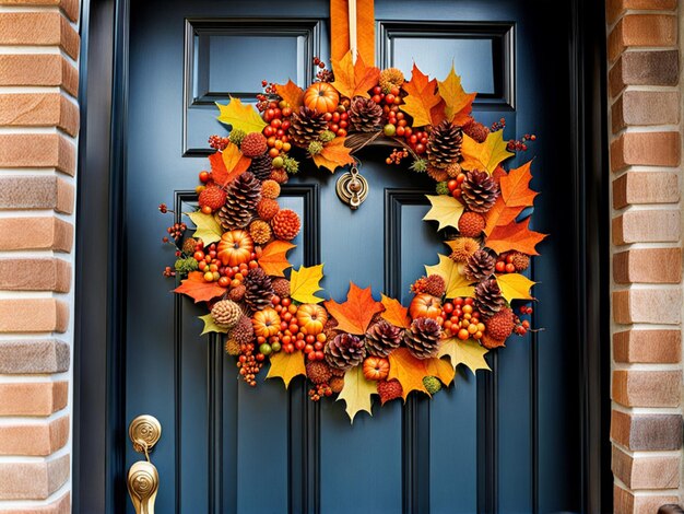 Coroa de outono decorando a porta da frente