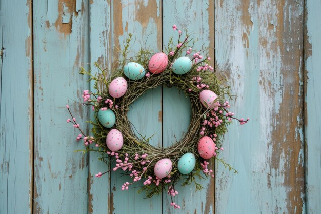 Coroa de ovos de Páscoa rústica pendurada na porta de madeira vintage