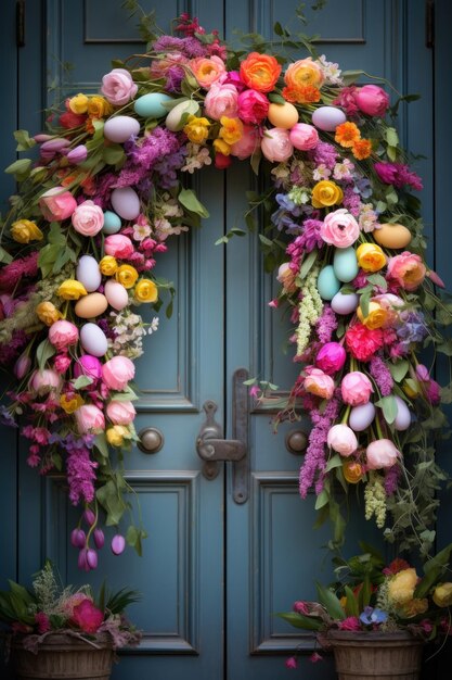 Foto coroa de páscoa com ovos coloridos e flores de primavera