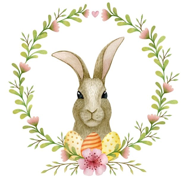 Coroa de páscoa em aquarela de coelho de flores de primavera