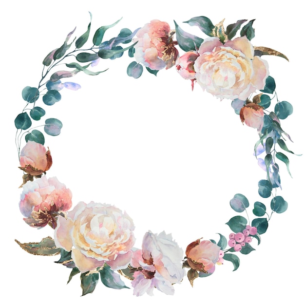 Coroa de peônias flores brancas peônias aquarela ramos de eucalipto floral clip art buquê perfe