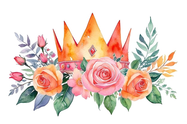 Coroa de unicórnio aquarela flor rosa rosa laranja ilustração desenhada à mão