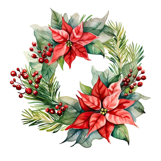 Coroa decorativa de Natal com ilustração em aquarela de bagas vermelhas e ramo de abeto