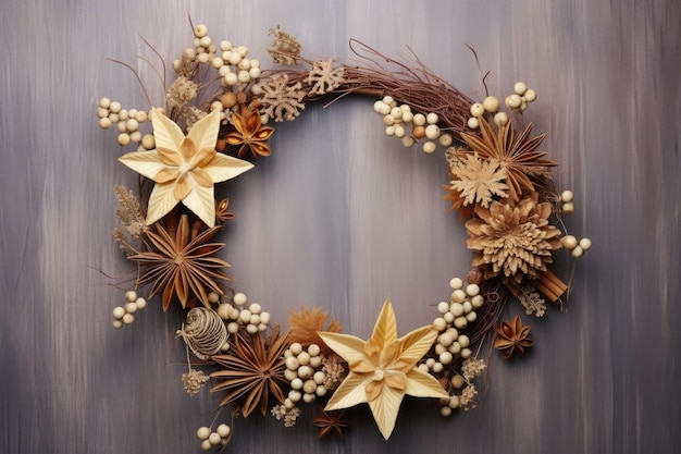 Coroa decorativa de Natal feita de materiais ecológicos naturais em fundo de madeira Ilustração gerada por IA