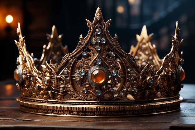 Coroa dourada ornamentada Royal Radiance em um desfoque escuro místico