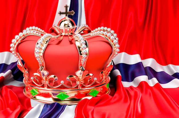 Coroa dourada real com joias na renderização 3D do fundo da bandeira do Reino da Noruega