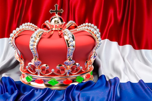 Coroa dourada real com joias na renderização 3D do fundo da bandeira do Reino dos Países Baixos