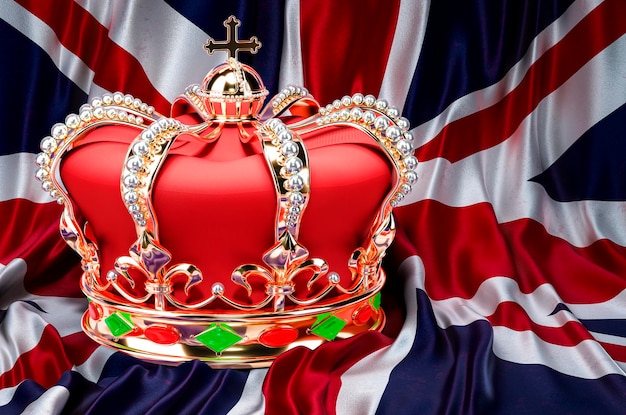 Coroa dourada real com joias na renderização 3D do fundo da bandeira do Reino Unido