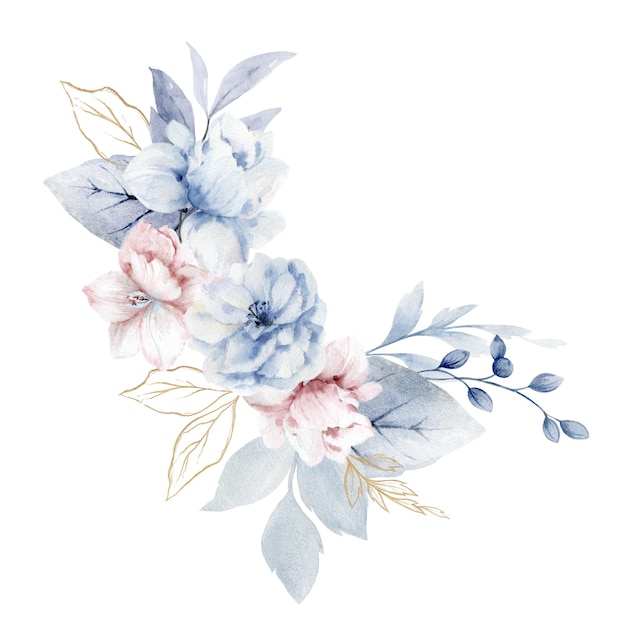 Coroa floral de aquarela Flores e galhos rosa-azul empoeirado Flor de flor de inverno